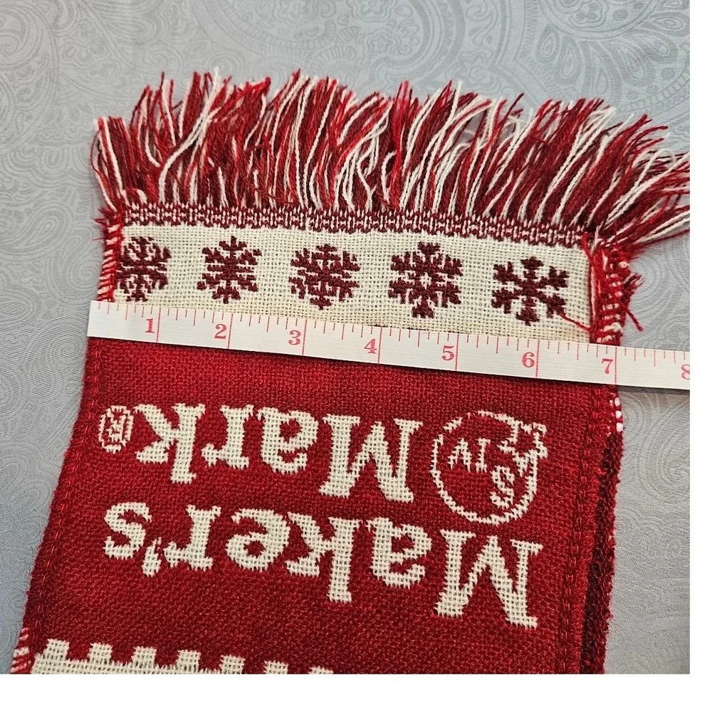 Makers Mark Bourbon Whiskey Holiday Scarf Red White Snowflake Knit Fringe Logo